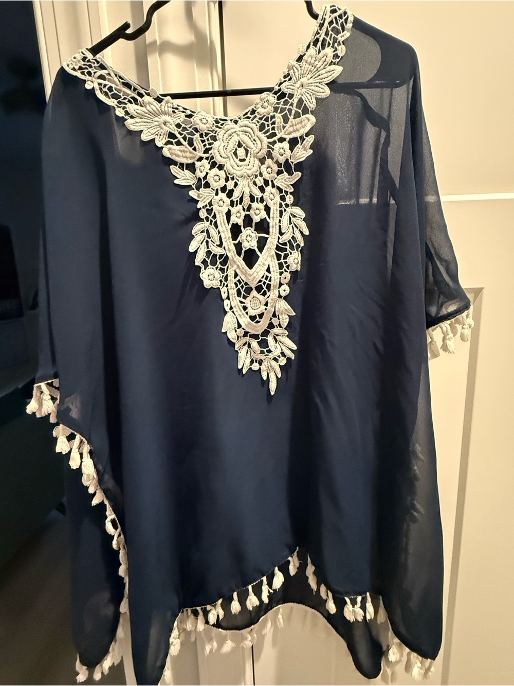 Navy Blue Sheer Tassel Swim Coverup with White Crochet Detail